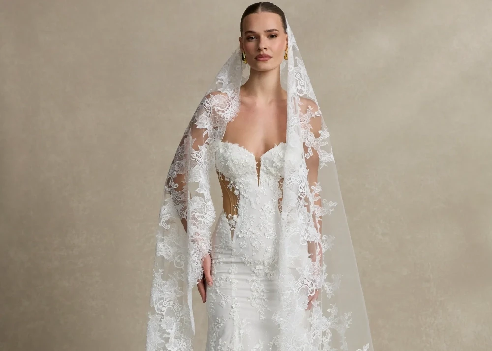 Model wearing a white gown