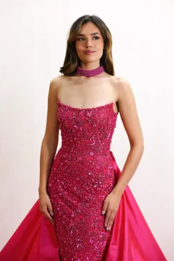 Sherri Hill Fitted gown with overskirt #2 Bright Fuchsia thumbnail