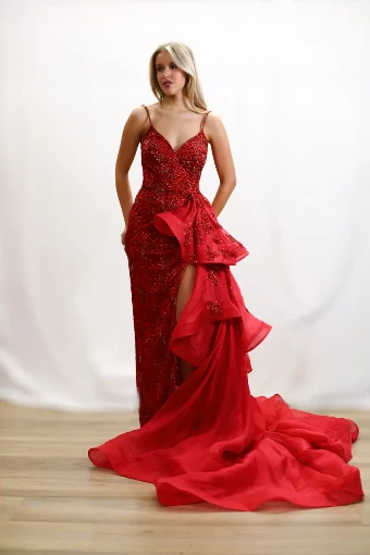 Sherri Hill Fitted gown with side cape #2 Red thumbnail